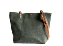 Load image into Gallery viewer, Handmade Waxed Canvas Tote | Small | The Minimalist~ in Forest & Navy