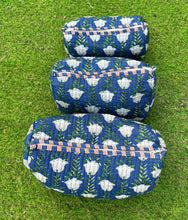 Load image into Gallery viewer, White Tulips Block Printed Toiletry/Cosmetic/Travel Bags (3 sizes)
