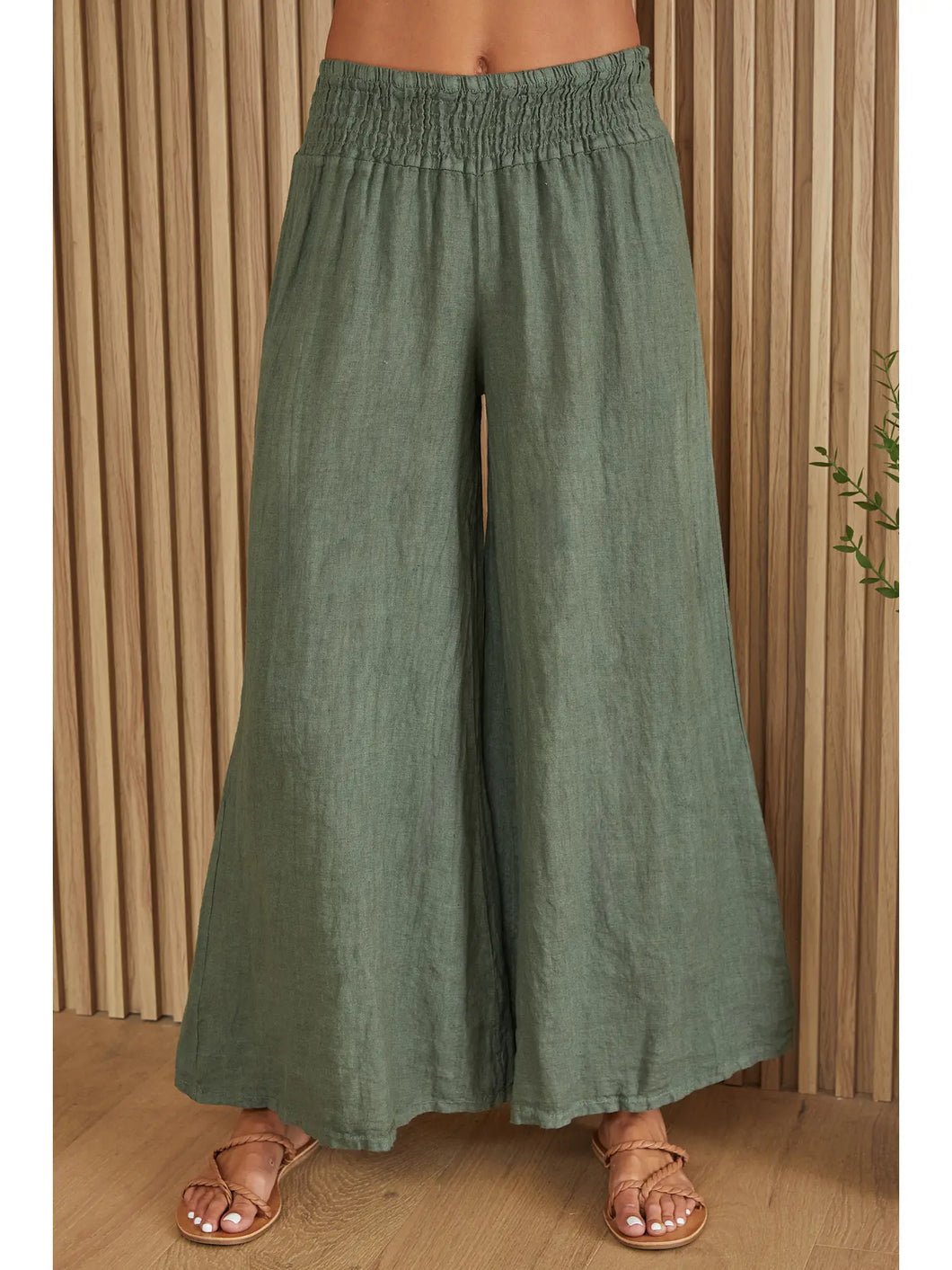 August Olive Linen Smocked Waist Palazzo Pant