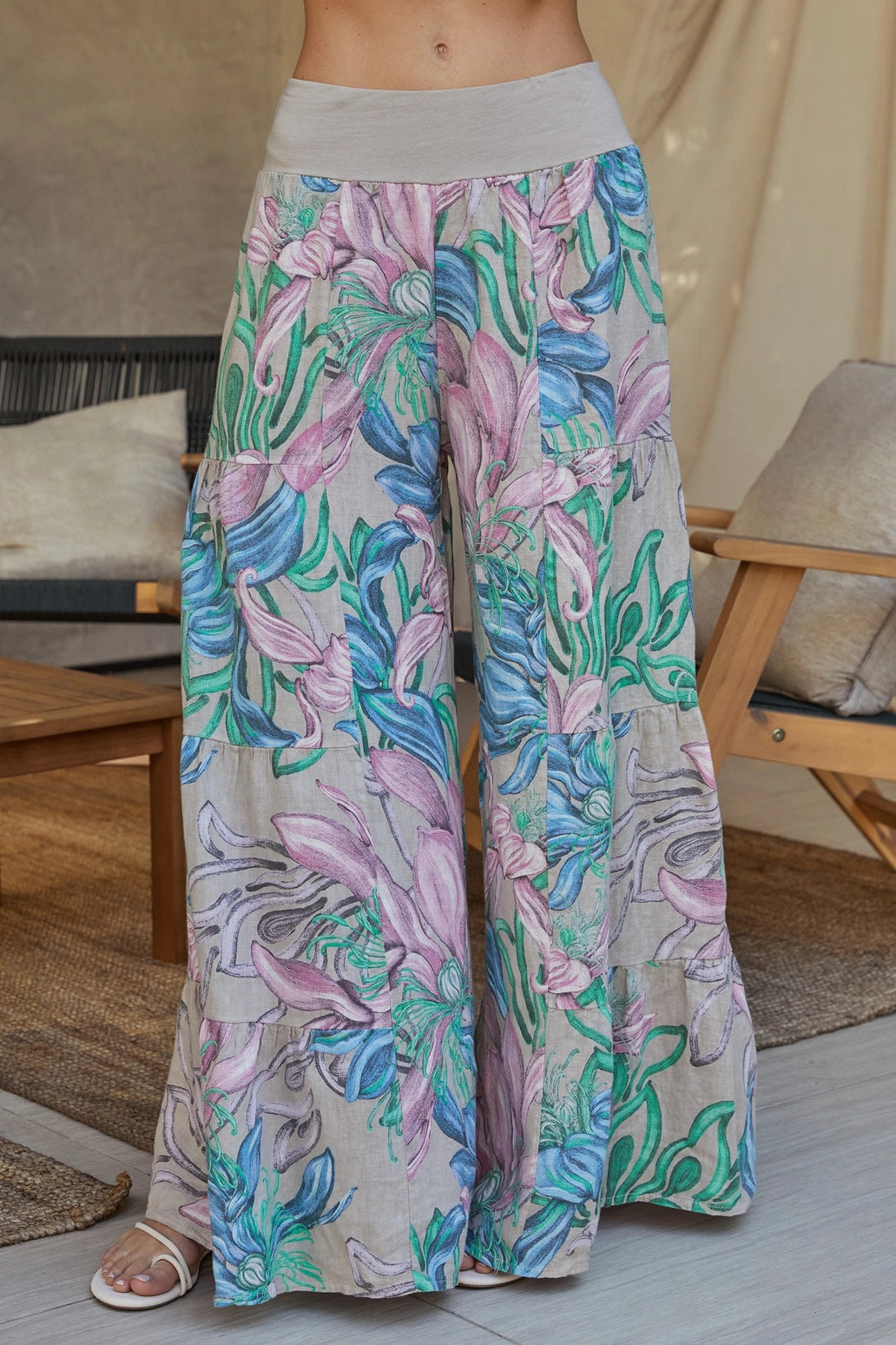 Linen Garden Floral Tiered Palazzo Pants