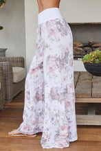 Load image into Gallery viewer, White Linen Rose Print Tiered Palazzo Pants
