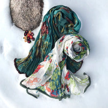 Load image into Gallery viewer, Voile Scarves w/ pom pom edging