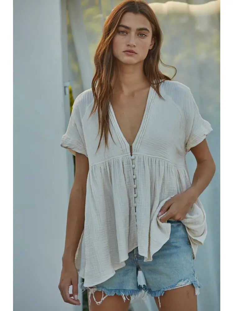 Page Woven Cotton Gauze Plunged V-Neck Button Top~ sage