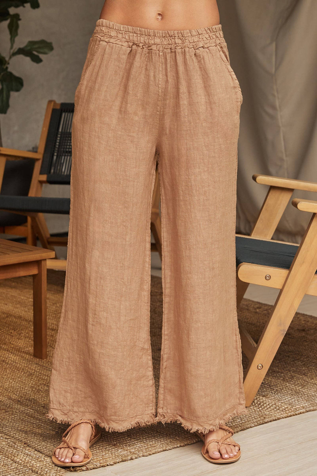 Margot Toffee Smocked Fringe Linen Pants