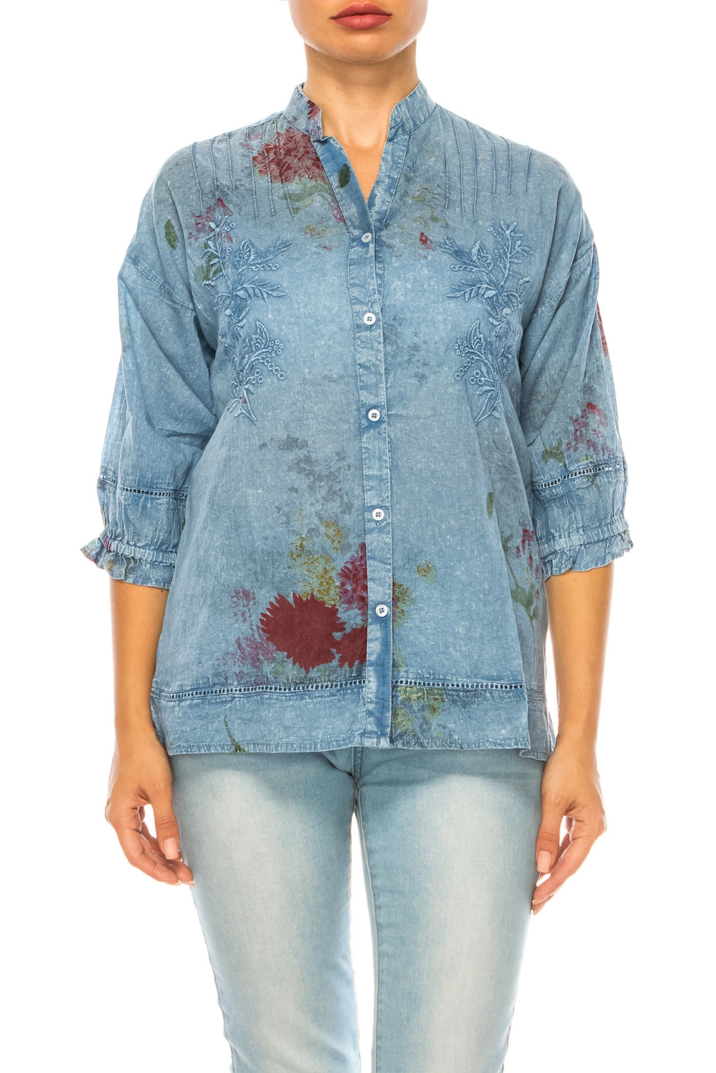 Melissa Vintage Floral Button Down Tunic with Embroidery and Lace