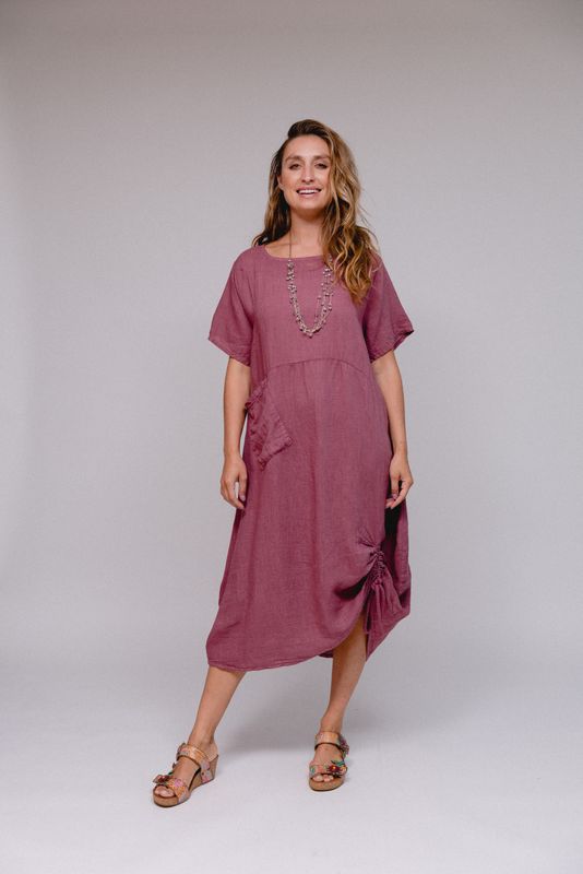 Saga Linen Ruched Hem Dress~ In Navy & Sea Breeze