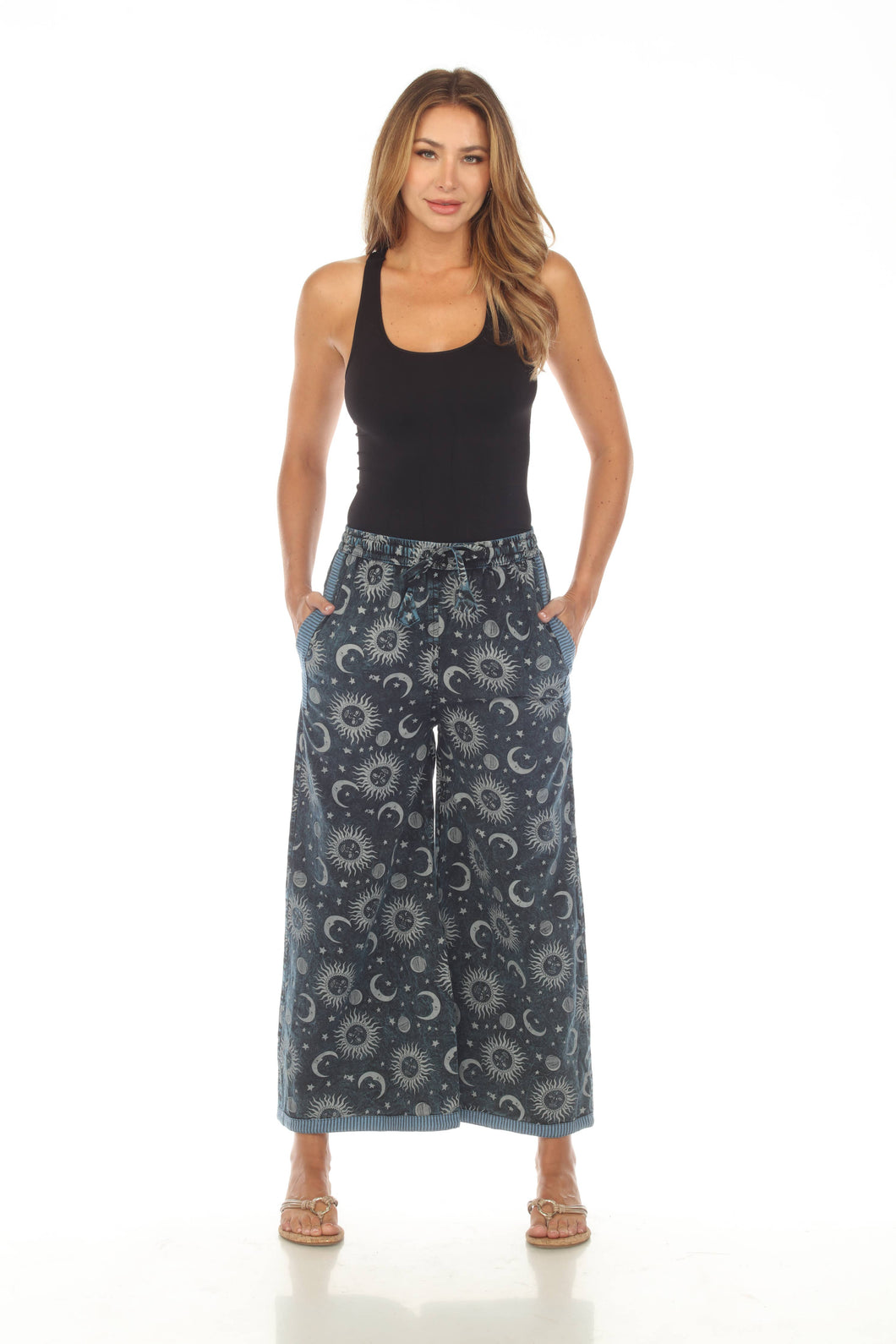 Jade Cotton White Sun Moon Galaxy Blue Palazzo Pant