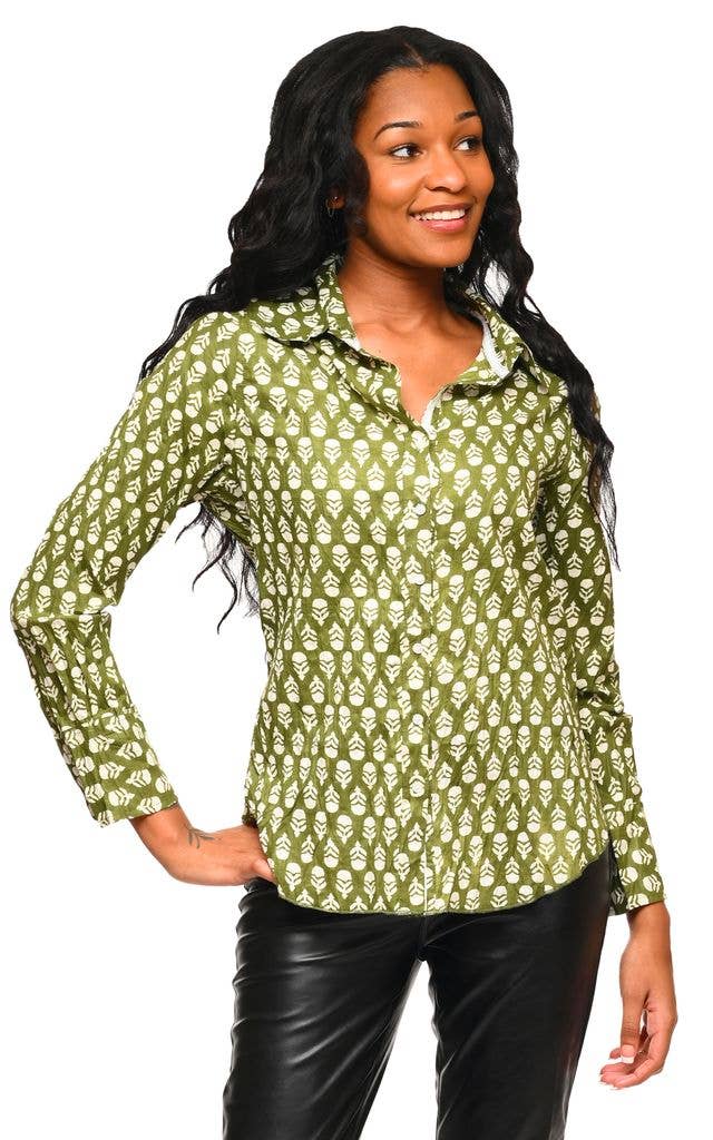 Tulip Acorn Button Down in Green Block Print