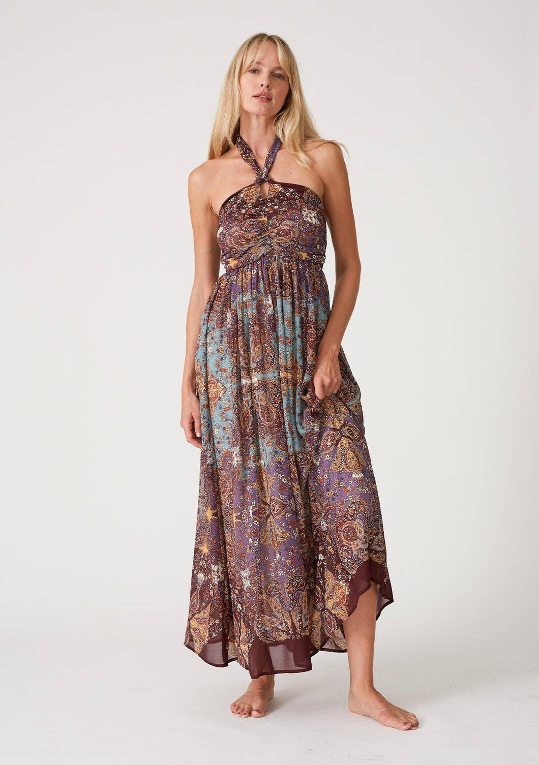 Bohemian Floral Smocked Halter Maxi Dress