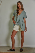 Load image into Gallery viewer, Page Woven Cotton Gauze Plunged V-Neck Button Top~ sage
