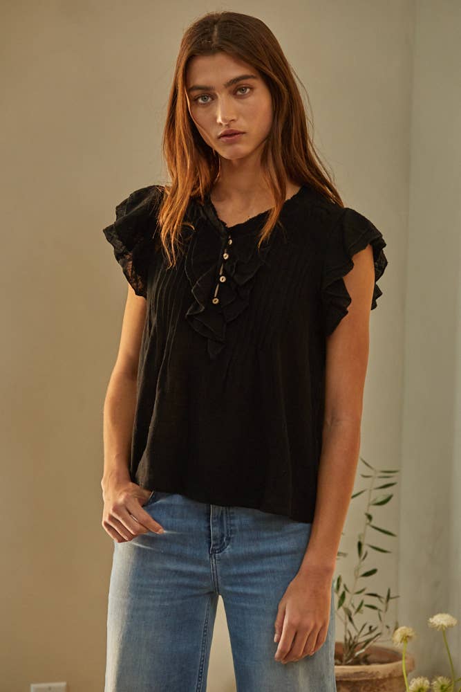 Logan Woven Cotton Linen Flutter Top~ also in Indigo, Black & Wine
