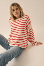 Load image into Gallery viewer, A striped textured knit sweater with the following features: Round neckline. Long sleeves. Dropped shoulder. Exposed seam detailing. Rolled neckline, cuffs, and hem. Loose fit. *Cream-Chambray&nbsp;
