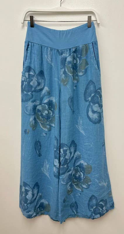 Blue Pansy Floral Print Wide Leg Linen Pants