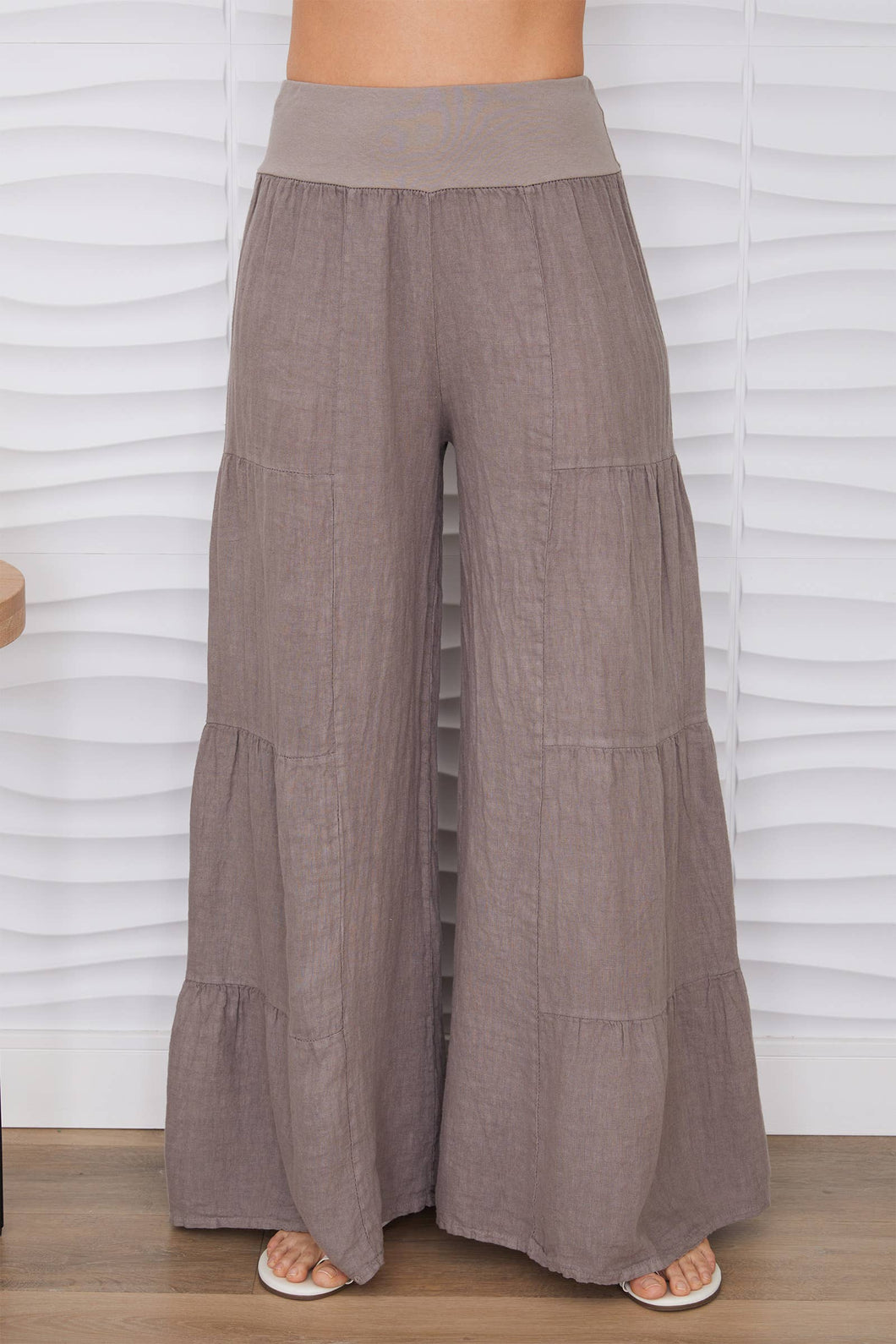 Mocha Linen Tiered Palazzo Pants