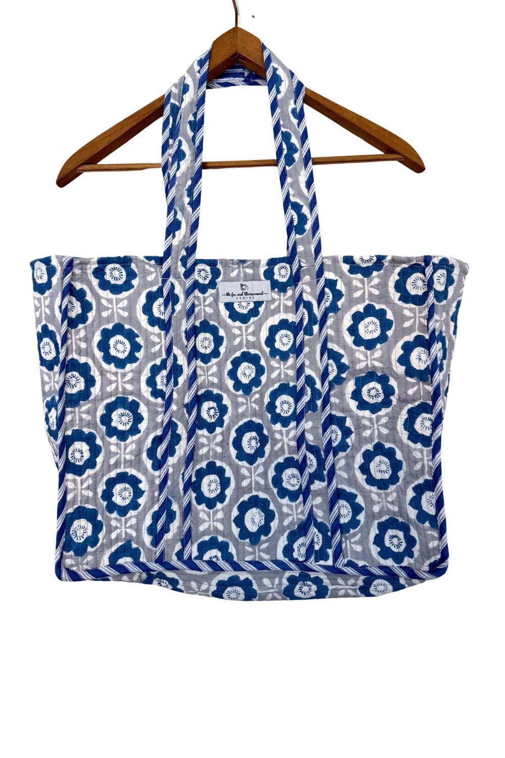 Blue Daizy/Stripe Reversible Quilted Block Printed Beach Bag