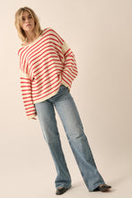 Load image into Gallery viewer, A striped textured knit sweater with the following features: Round neckline. Long sleeves. Dropped shoulder. Exposed seam detailing. Rolled neckline, cuffs, and hem. Loose fit. *Cream-Chambray&nbsp;
