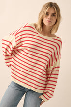 Load image into Gallery viewer, A striped textured knit sweater with the following features: Round neckline. Long sleeves. Dropped shoulder. Exposed seam detailing. Rolled neckline, cuffs, and hem. Loose fit. *Cream-Chambray&nbsp;
