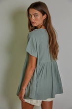 Load image into Gallery viewer, Page Woven Cotton Gauze Plunged V-Neck Button Top~ sage
