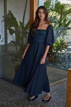 Load image into Gallery viewer, Woven Cotton Square Neck Smocked Flare Midi Dress
