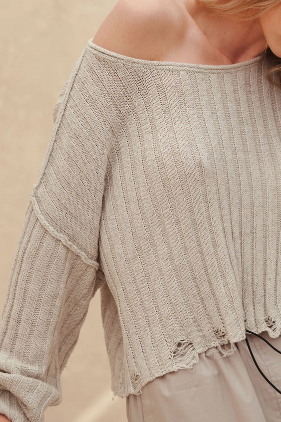 Loose Rib Knit Boat Neck Exposed Seam Sweater