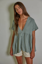 Load image into Gallery viewer, Page Woven Cotton Gauze Plunged V-Neck Button Top~ sage
