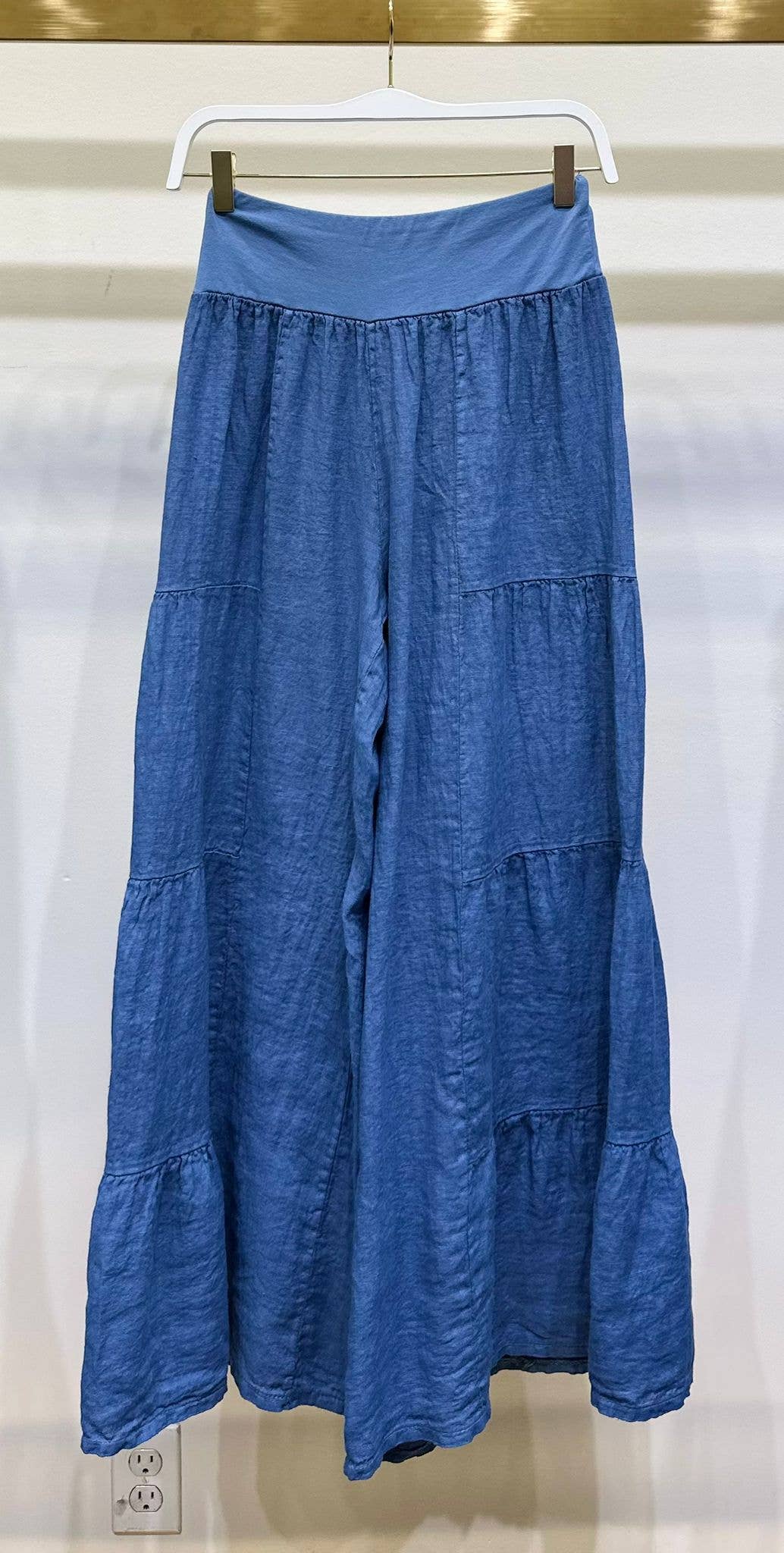Denim Blue Linen Tiered Palazzo Pants