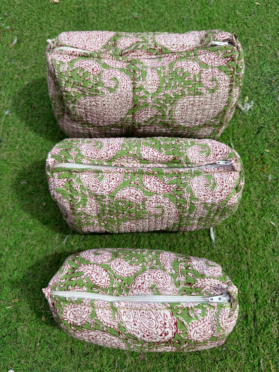 Green & Red Block Printed Toiletry/Cosmetic/Travel Bags (3sizes)