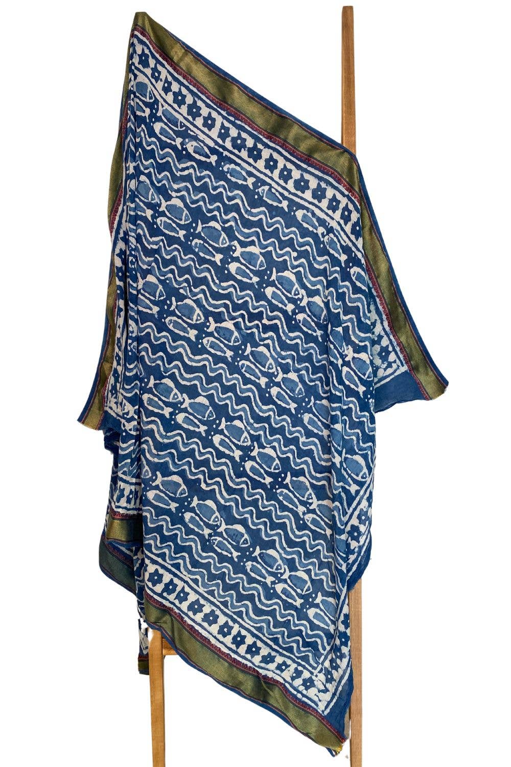 Blue/Green Naturally Dyed Block Printed Zari Sarong