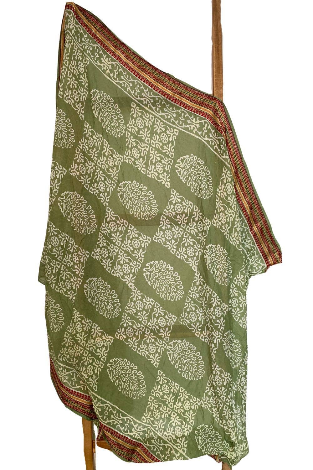 Green Naturally Dyed Block Printed Zari Sarong