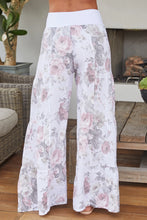 Load image into Gallery viewer, White Linen Rose Print Tiered Palazzo Pants
