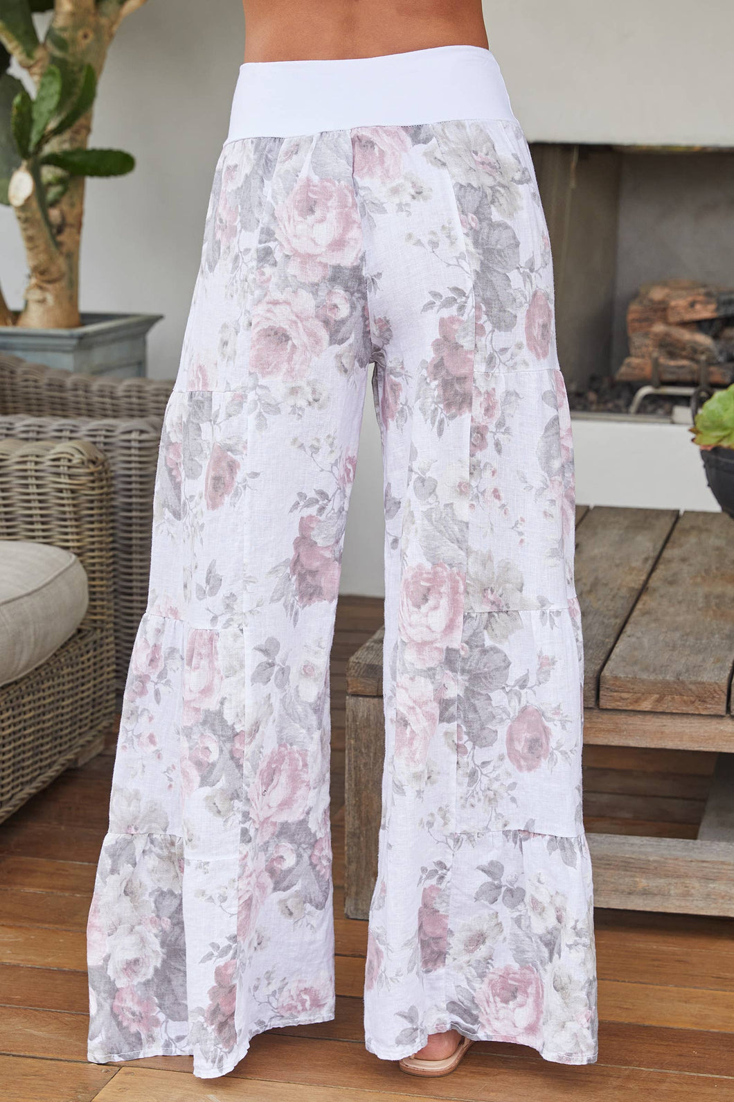 Linen Rose Print Tiered Palazzo Pants