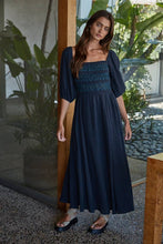 Load image into Gallery viewer, Woven Cotton Square Neck Smocked Flare Midi Dress
