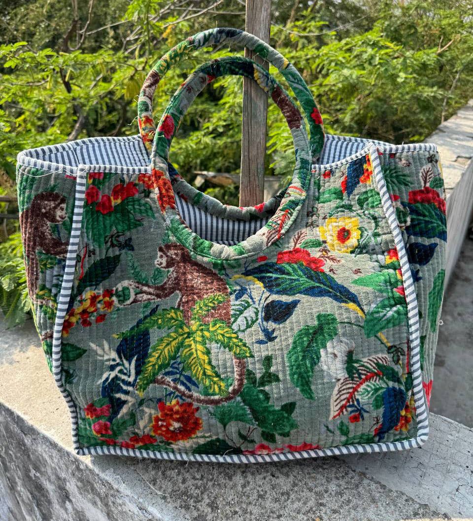 Monkey Print Bag Tote Bag Market Bag Velvet Bag Quilted Bags