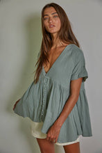 Load image into Gallery viewer, Page Woven Cotton Gauze Plunged V-Neck Button Top~ sage
