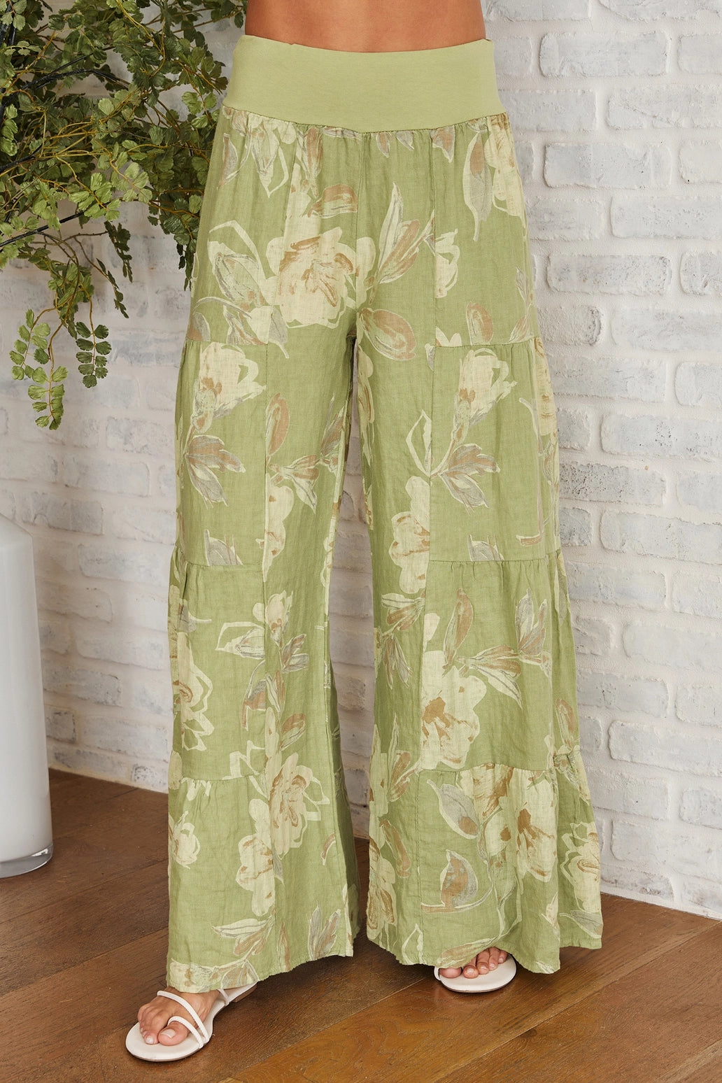 Floral Avocado Linen Floral Tiered Palazzo Pant