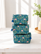 Load image into Gallery viewer, Block Print Vanity Travel Bag ~ Pink &amp; Blue Lotus- 7/1
