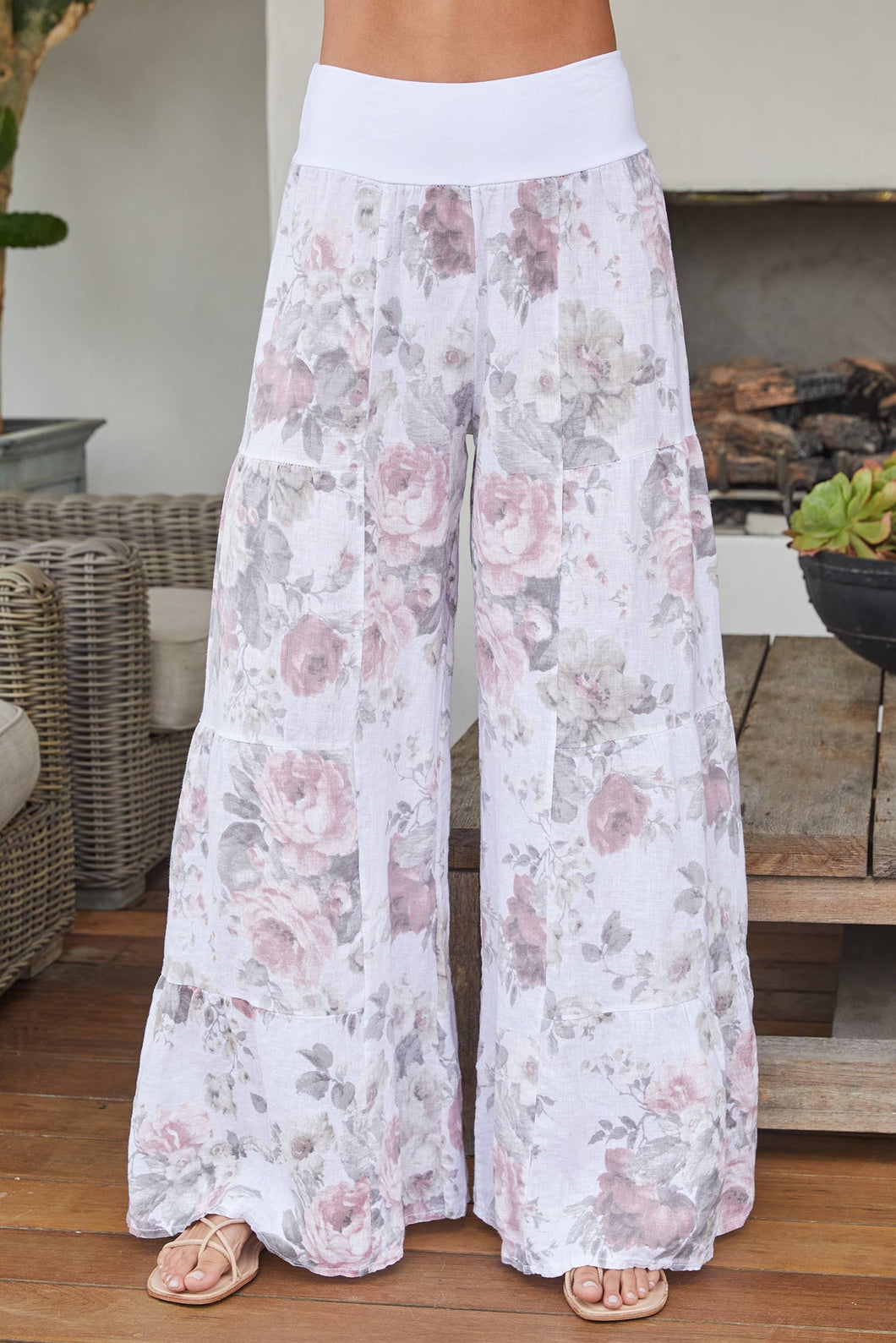 Linen Rose Print Tiered Palazzo Pants