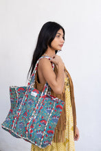 Load image into Gallery viewer, Green/Ivory Floral Reversible Quilted Block Printed Beach Bag
