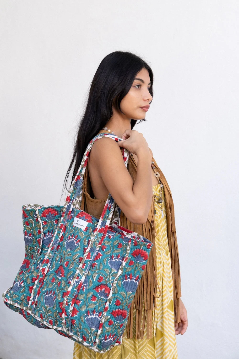 Green/Ivory Floral Reversible Quilted Block Printed Beach Bag