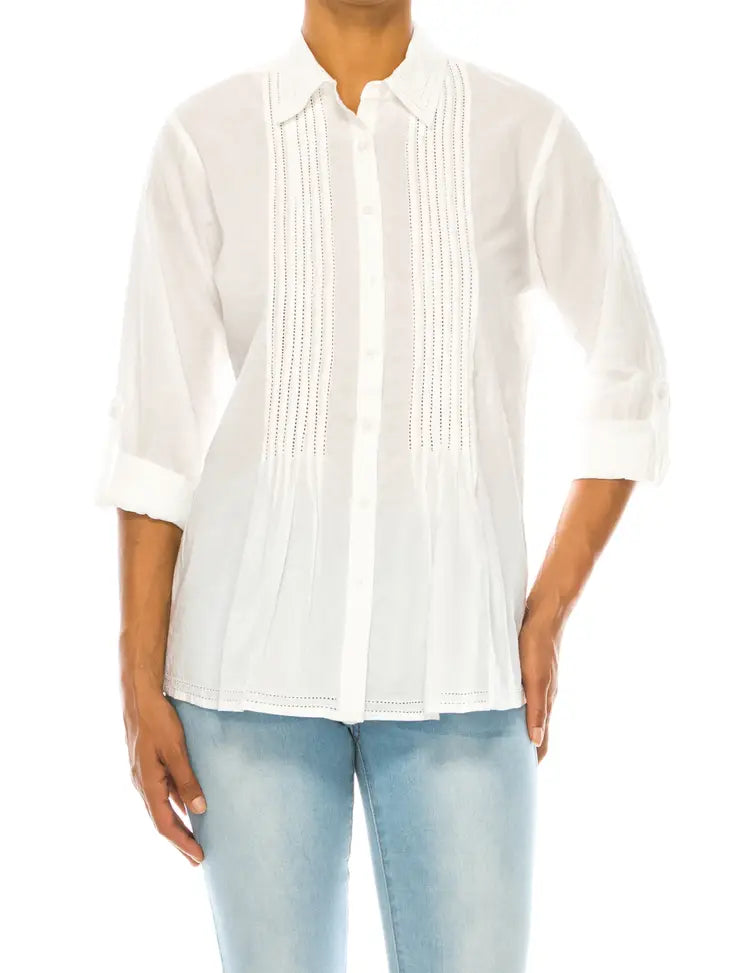 Keaton White Shirt with Lace Inserts and Pin Tucks